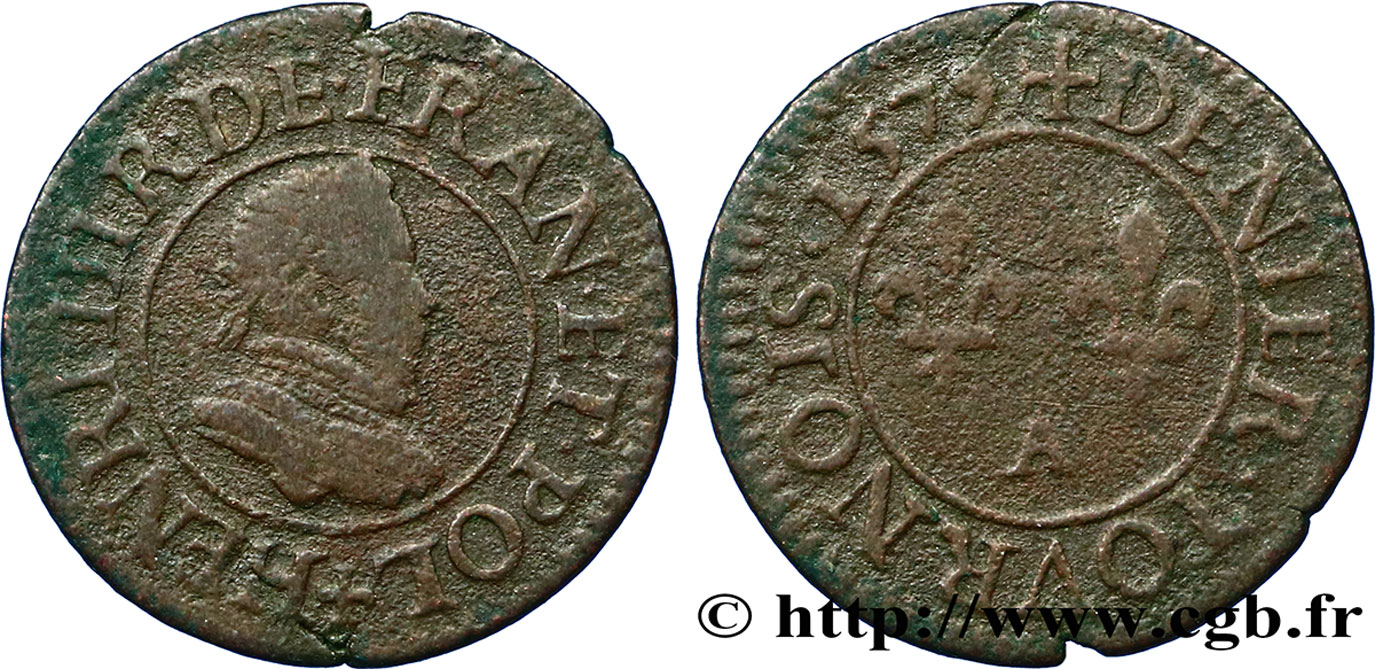 HENRI III Denier tournois, 1er type de Paris 1579 Paris, Moulin des Étuves TB