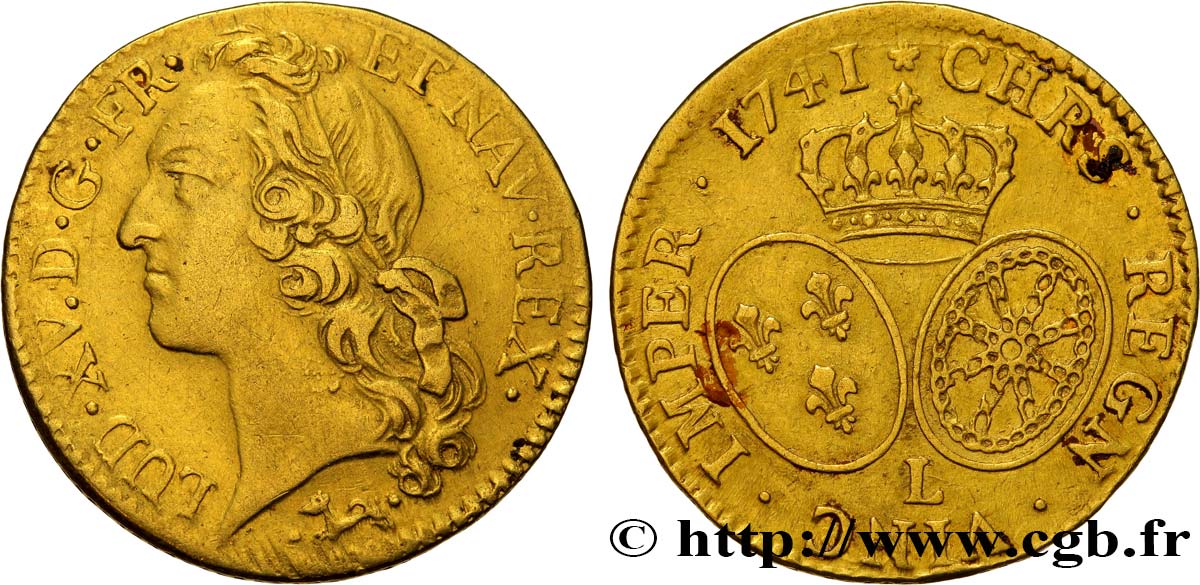 LOUIS XV  THE WELL-BELOVED  Louis d’or aux écus ovales, tête ceinte d’un bandeau 1741 Bayonne XF