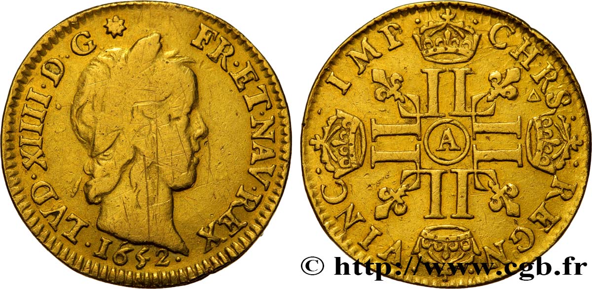 LOUIS XIV  THE SUN KING  Demi-louis d’or aux huit L, portrait à la mèche longue 1652 Paris q.BB/BB