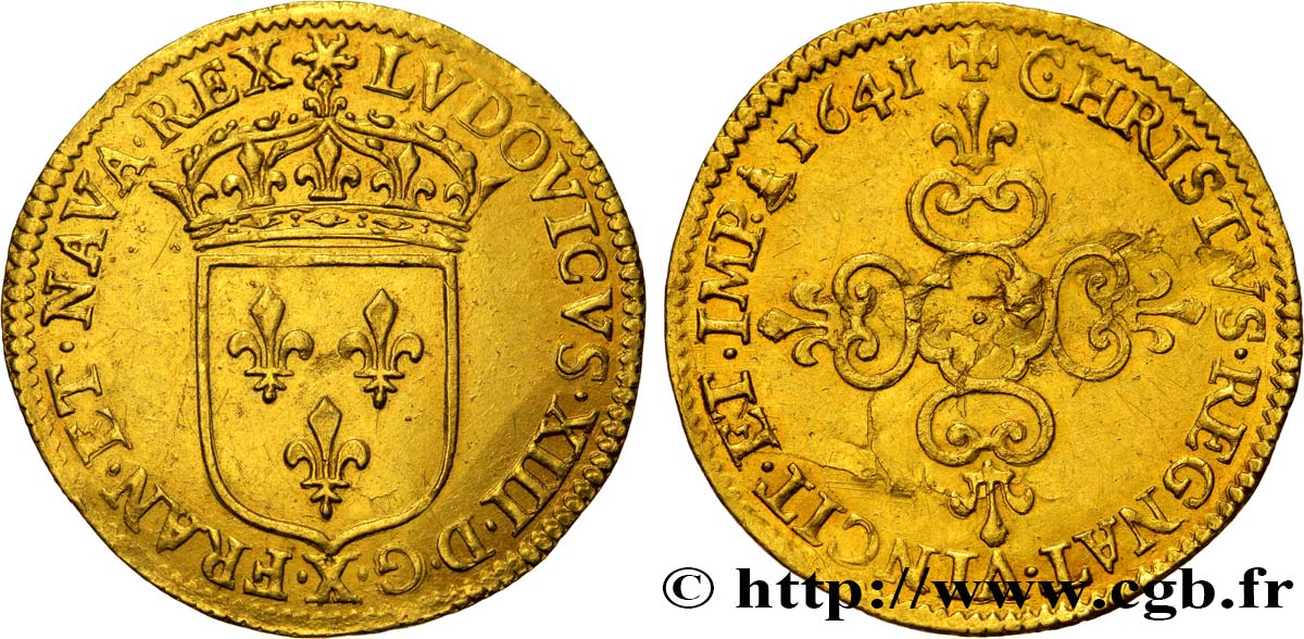 LOUIS XIII  Écu d or au soleil, à la croix anillée fleurdelisée 1641 Amiens VZ/fVZ