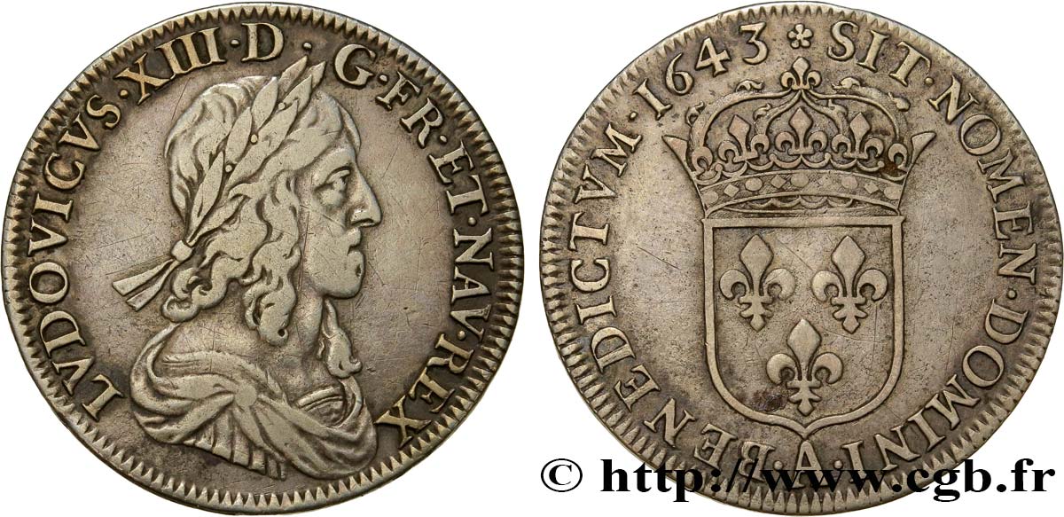 LOUIS XIII  Demi-écu, buste drapé et cuirassé (2e buste de Jean Warin) 1643 Paris, Monnaie de Matignon MBC/MBC+