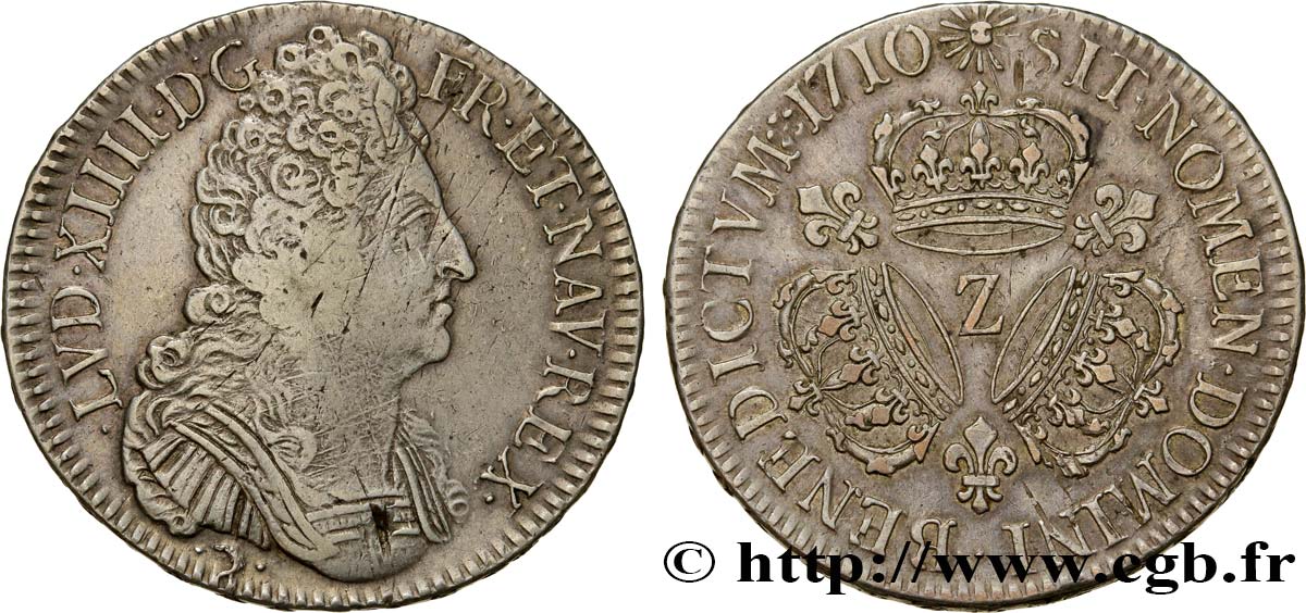 LOUIS XIV  THE SUN KING  Écu aux trois couronnes 1710 Grenoble XF/AU