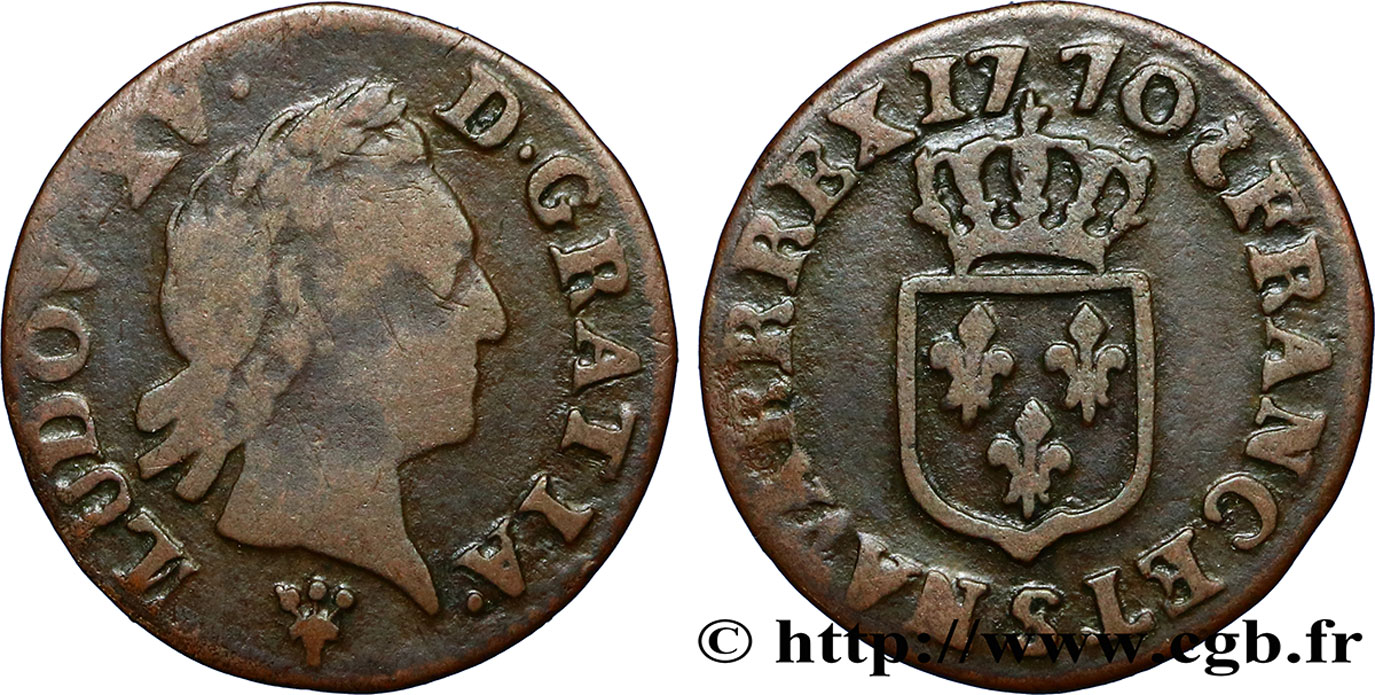 LOUIS XV DIT LE BIEN AIMÉ Liard dit “à la vieille tête” 1770 Reims TB