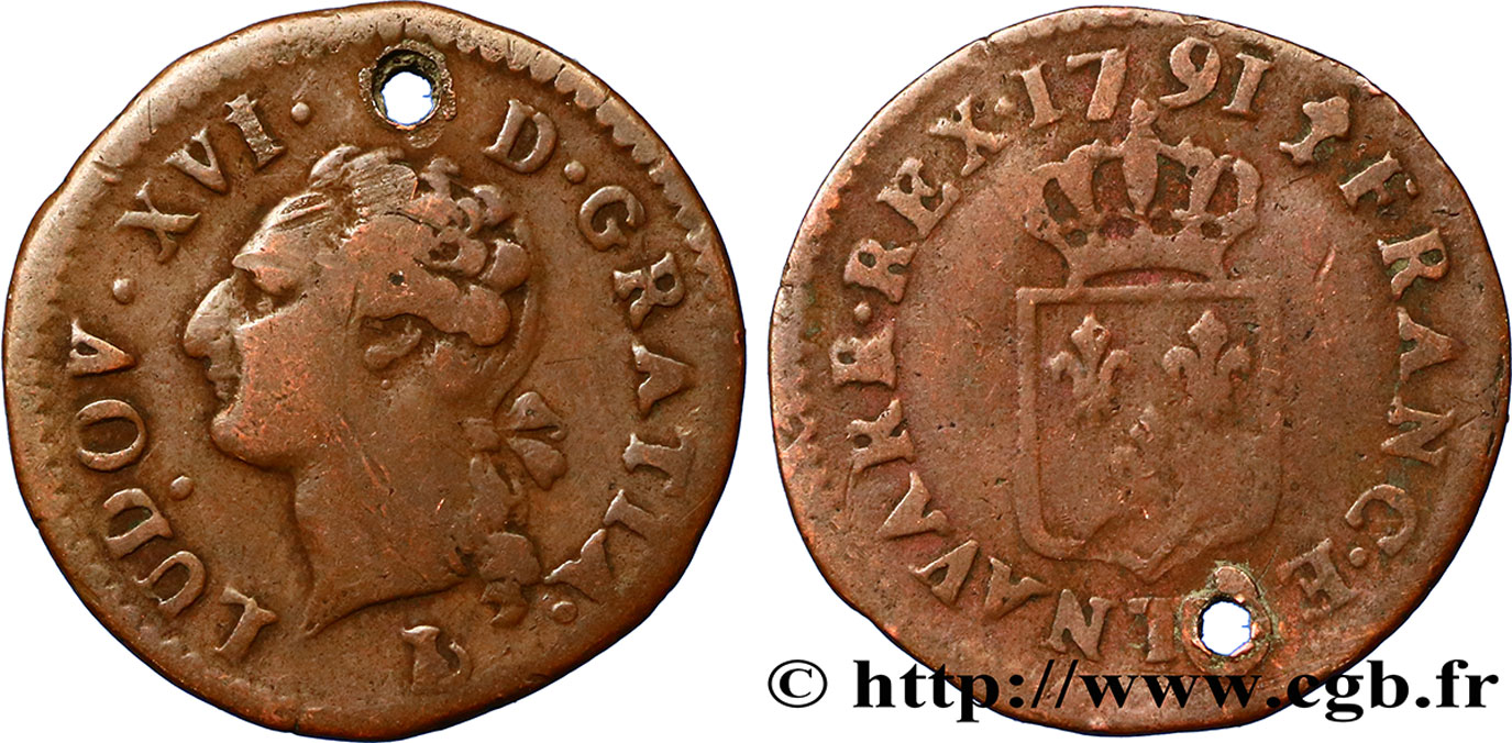 LOUIS XVI Liard dit “à l&nbsp;écu” 1791 Nantes TB
