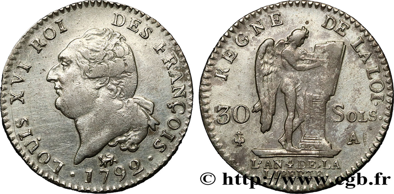 LOUIS XVI (MONARQUE CONSTITUTIONNEL)  30 sols dit  au génie , type FRANÇOIS 1792 Paris TTB+/TTB