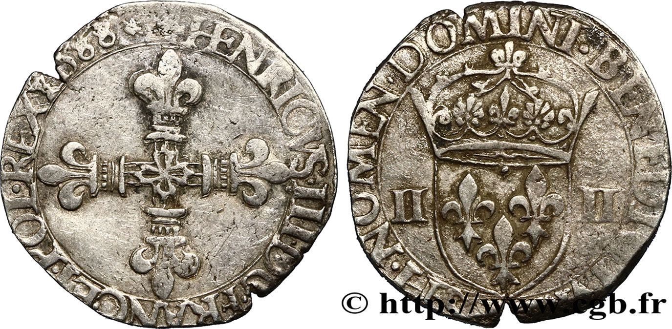 HENRI III Quart d&nbsp;écu, croix de face 1588  TB+
