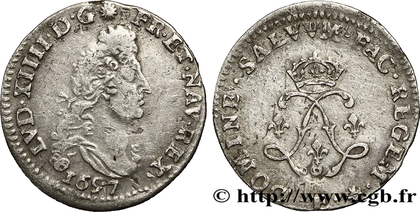 LOUIS XIV LE GRAND OU LE ROI SOLEIL Quatre sols aux deux L 1697 Tours TTB