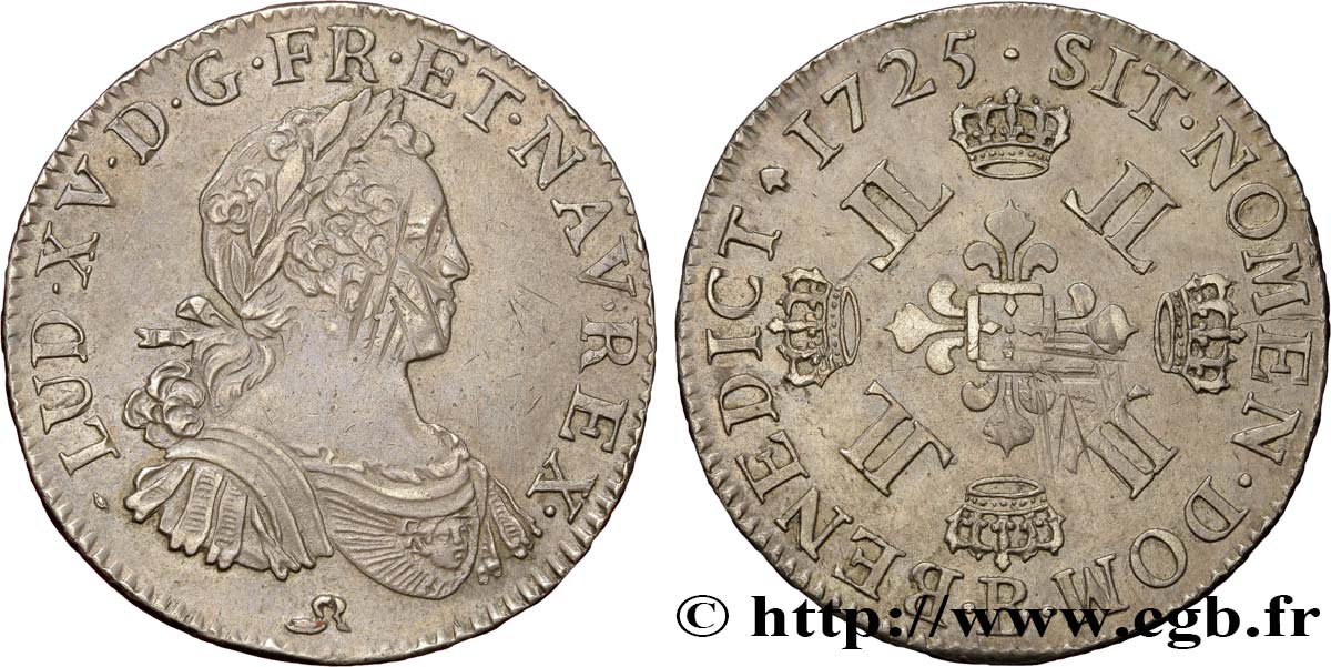 LOUIS XV DIT LE BIEN AIMÉ Demi-écu à la croix fleurdelisée couronnée et aux huit L 1725 Rouen TTB+