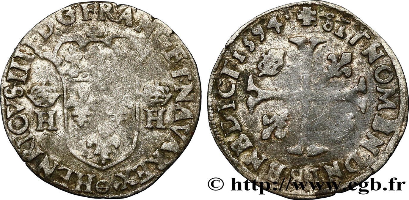 HENRY IV Douzain aux deux H couronnées, 3e type 1594 Clermont-Ferrand BC+