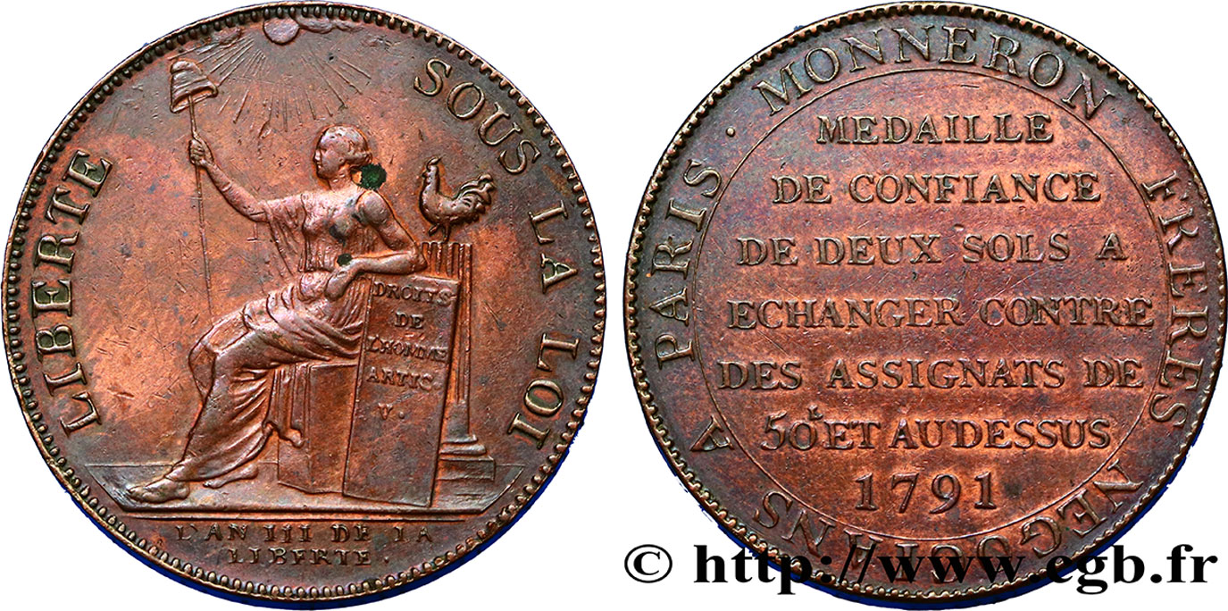 CONFIANCE (MONNAIES DE...) Monneron de 2 sols à la Liberté 1791 Birmingham, Soho TB+