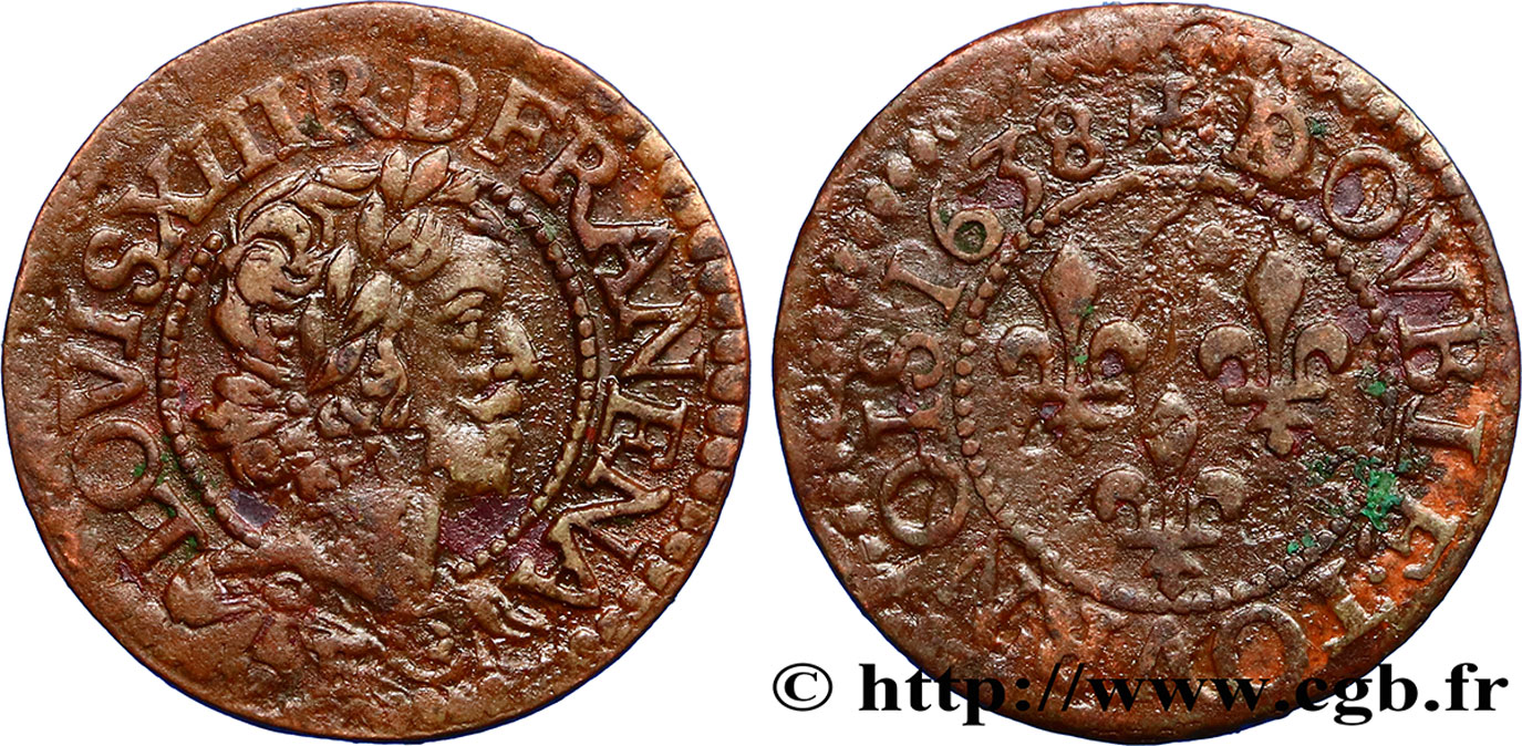 LOUIS XIII LE JUSTE Double tournois, 15e type 1638 Tours TTB