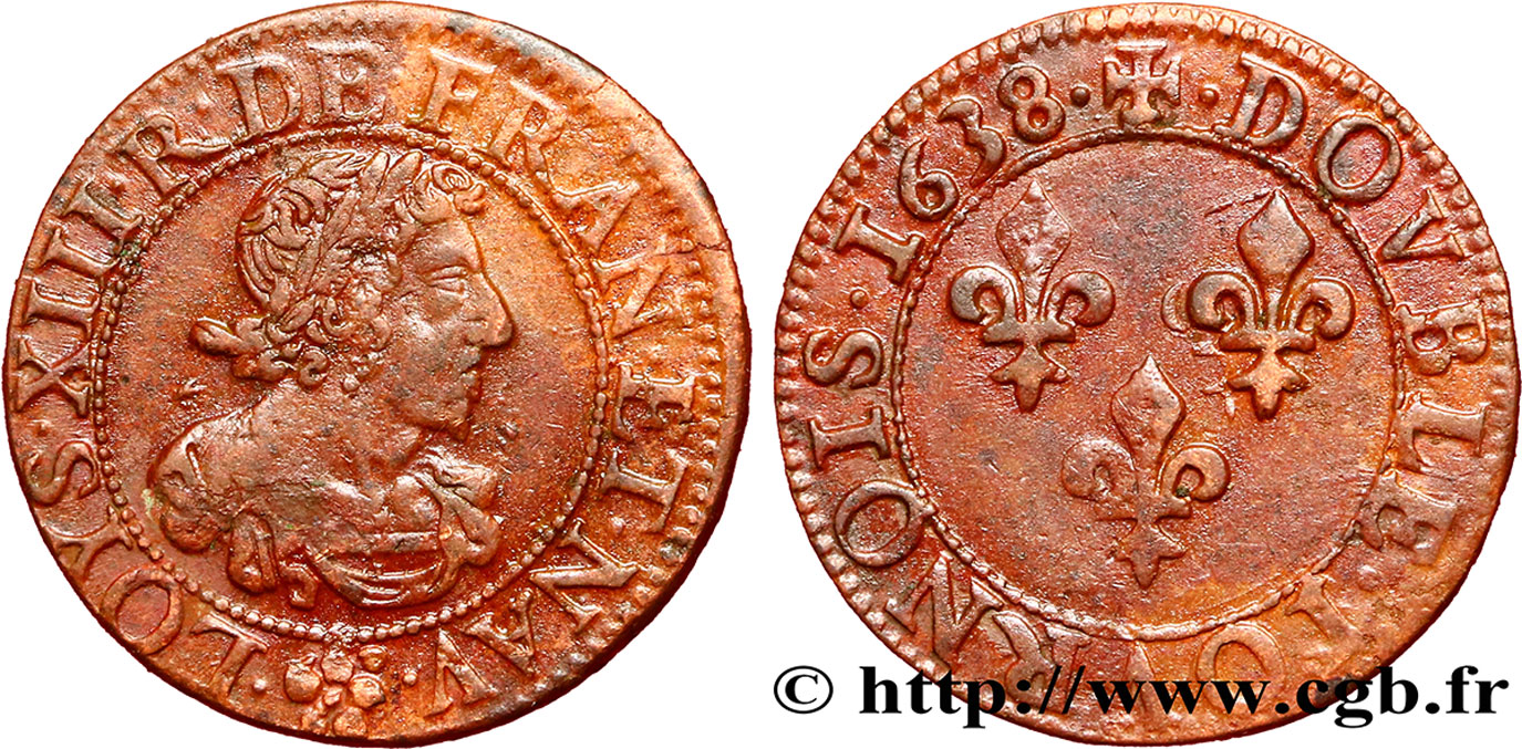 LOUIS XIII  Double tournois 1638 Troyes ou Chappes fVZ/SS