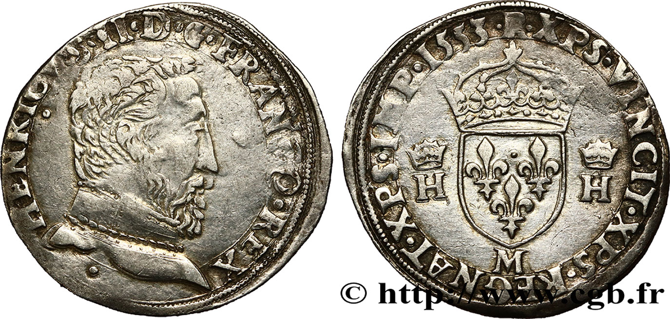 HENRI II Teston à la tête nue, 5e type 1553 Toulouse TTB