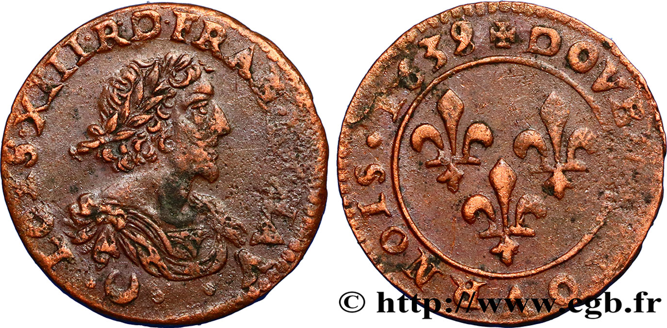 LOUIS XIII LE JUSTE Double tournois au grand buste viril drapé 1639 Vallée du Rhône TB+