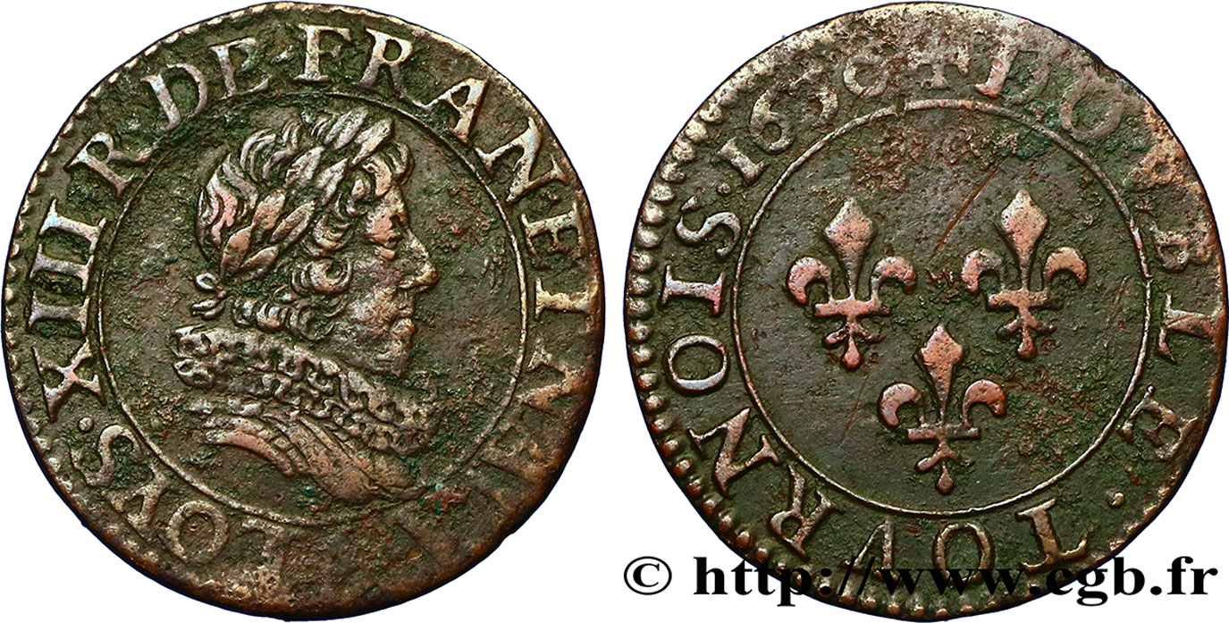 LOUIS XIII LE JUSTE Double tournois 1630 Paris TTB