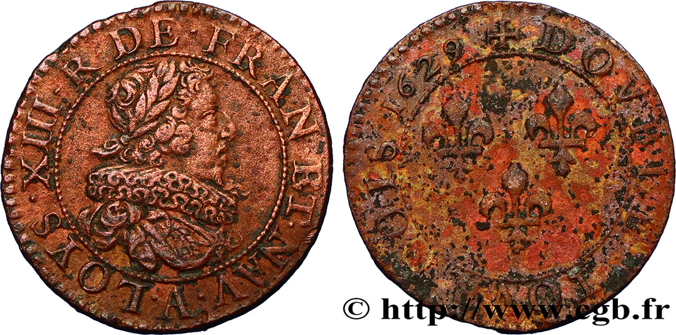 LOUIS XIII LE JUSTE Double tournois, type 6 de Paris 1629 Paris TB+/TB