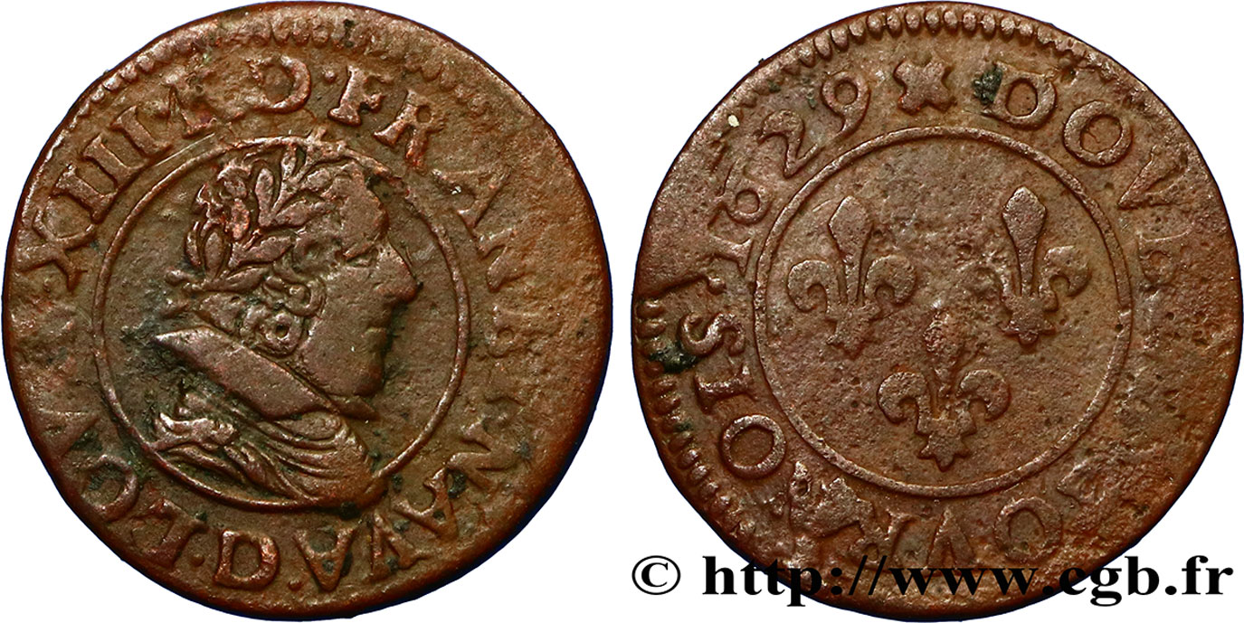 LOUIS XIII LE JUSTE Double tournois, type 6 de Lyon 1629 Lyon TB+