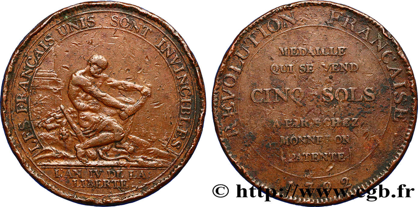 REVOLUTION COINAGE Monneron de 5 sols à l Hercule, frappe monnaie 1792 Birmingham, Soho fSS
