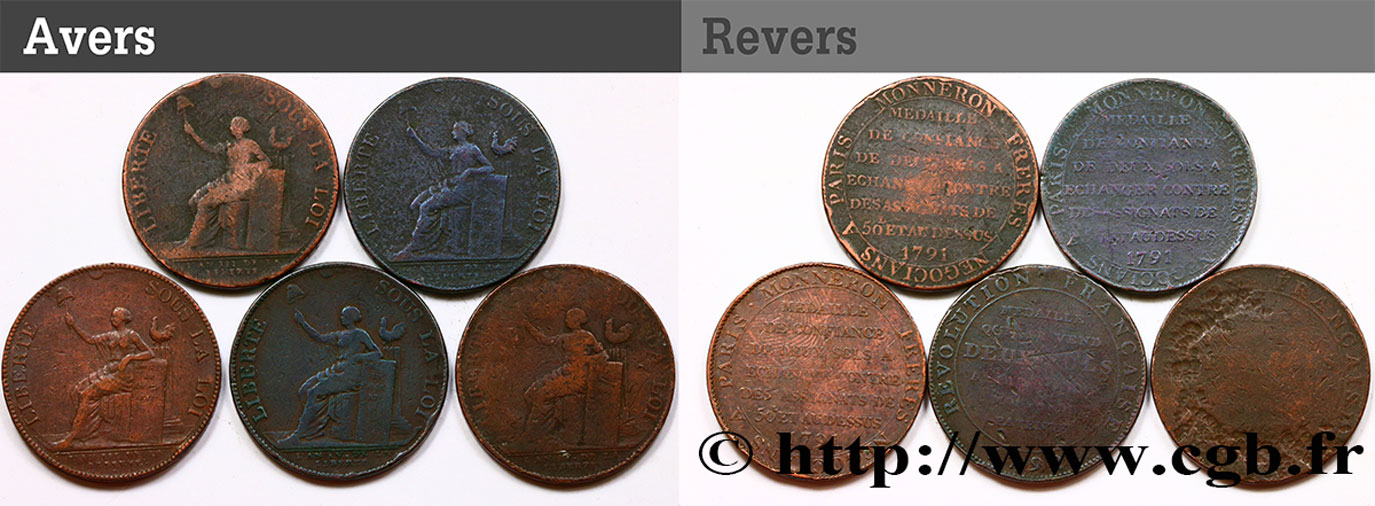 LOTES Lot de cinq Monnerons de 2 sols à la Liberté n.d. Birmingham, Soho BC