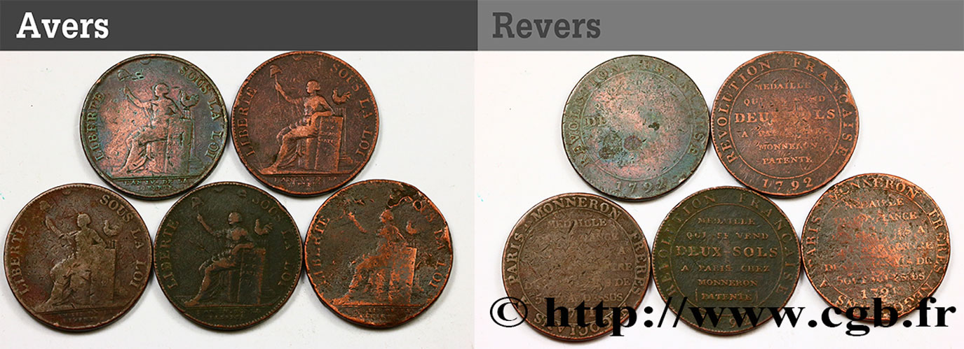 LOTS Lot de cinq Monnerons de 2 sols à la Liberté n.d. Birmingham, Soho TB