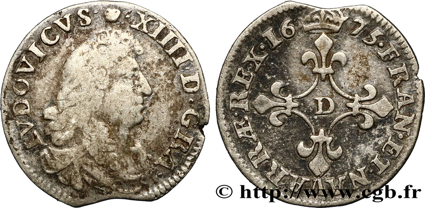 LOUIS XIV LE GRAND OU LE ROI SOLEIL Quatre sols à la croix formée de lis 1675 Vimy-en-Lyonnais (actuellement Neuville-sur-Saône) TB/TB+
