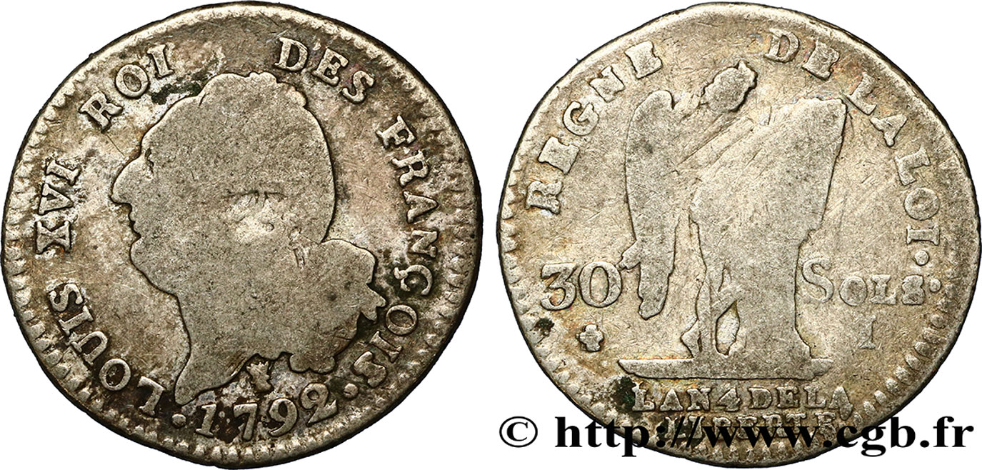 LOUIS XVI 30 sols dit  au génie , type FRANÇOIS 1792 Limoges BC