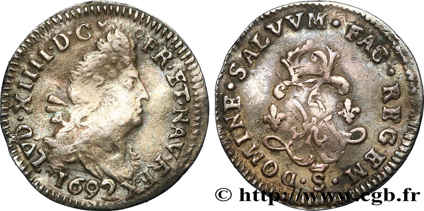 LOUIS XIV LE GRAND OU LE ROI SOLEIL Quatre sols aux deux L 1692 Troyes TB+