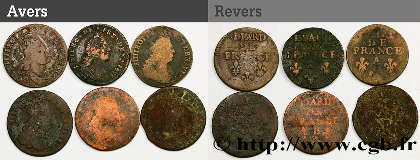 LOUIS XIV LE GRAND OU LE ROI SOLEIL Lot de six liards n.d. Ateliers divers B+