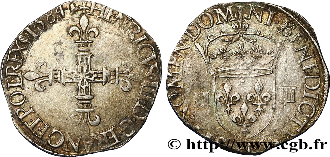 HENRI III Quart d écu, croix de face 1584 La Rochelle TTB/TB+
