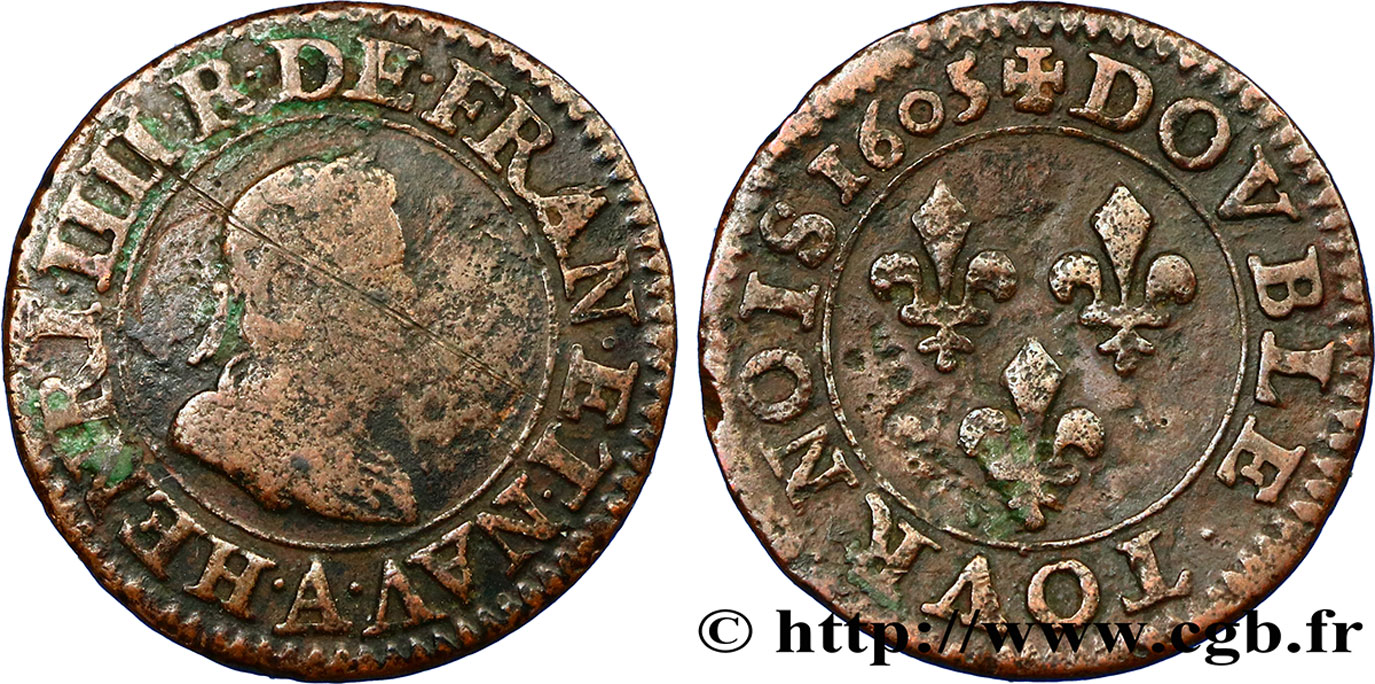HENRI IV LE GRAND Double tournois, 1er type de Paris (légende française) 1605 Paris, Moulin des Étuves TB+