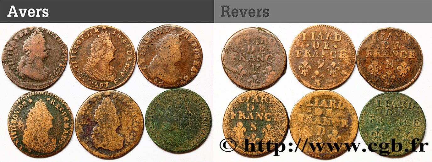 LOUIS XIV LE GRAND OU LE ROI SOLEIL Lot de six liards n.d. Ateliers divers B+