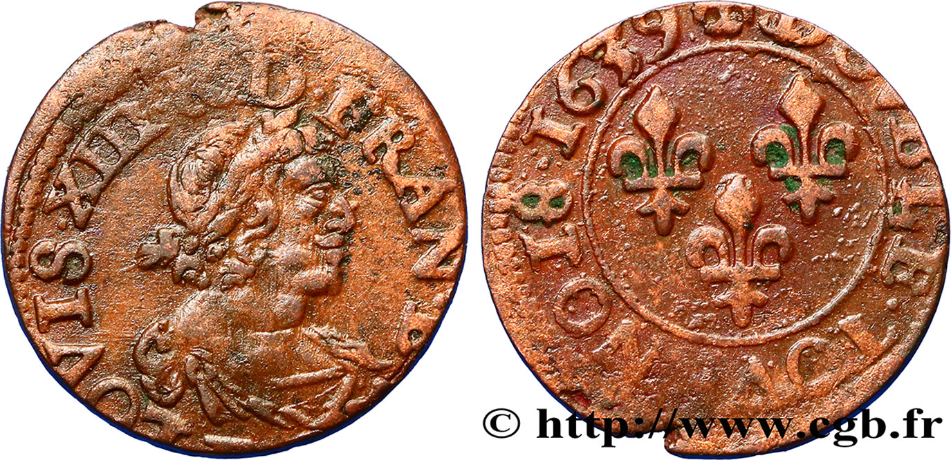 LOUIS XIII LE JUSTE Double tournois, 19e type 1639 s.l. TB+