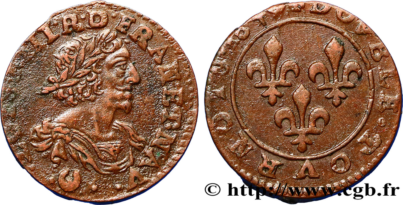 LOUIS XIII LE JUSTE Double tournois 1640 Vallée du Rhône TB+