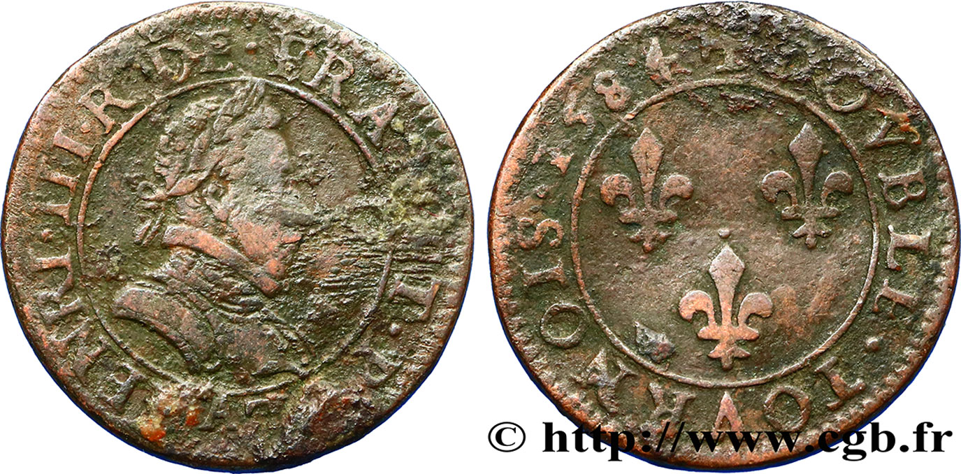 HENRI III Double tournois, 1er type de Paris 1584 Paris, Moulin des Étuves TB/TB+