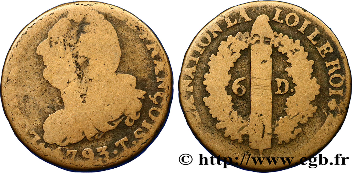 LA CONVENTION 6 deniers dit  au faisceau , type FRANÇOIS 1793 Nantes B
