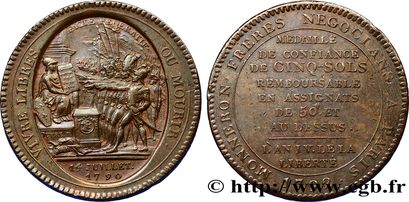 CONFIANCE (MONNAIES DE...) Monneron de 5 sols au serment (An IV), 3e type 1792 Birmingham, Soho TTB