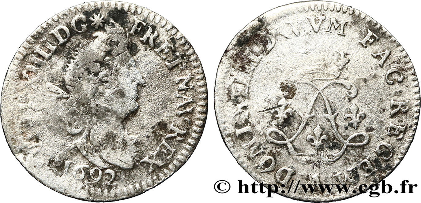 LOUIS XIV LE GRAND OU LE ROI SOLEIL Quatre sols aux deux L 1692 Paris TB