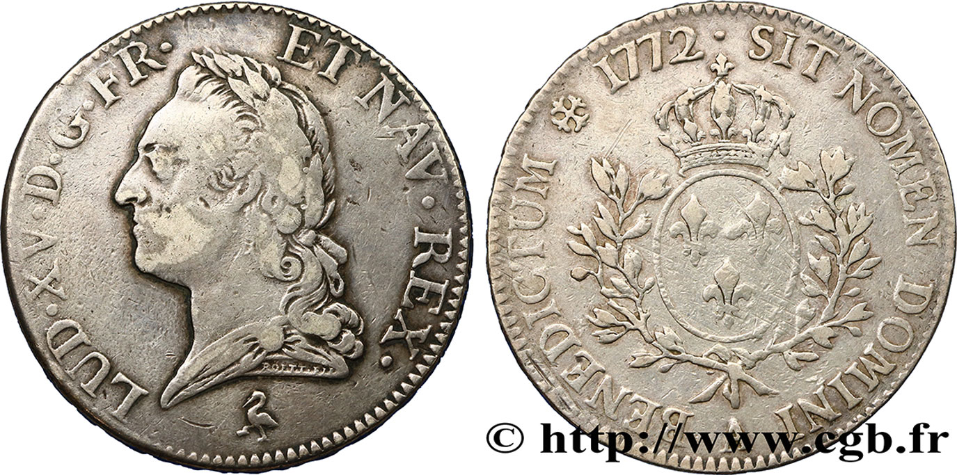 LOUIS XV  THE WELL-BELOVED  Écu aux branches d’olivier, buste lauré 1772 Paris S/fSS