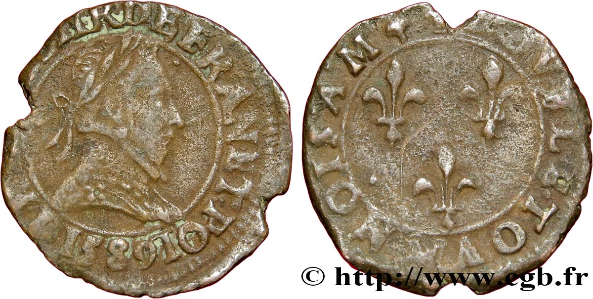 HENRY III Double tournois, 2e type de Lyon 1589 Lyon q.BB/MB
