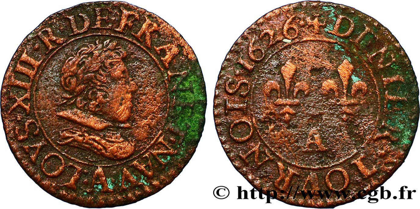 LOUIS XIII LE JUSTE Denier tournois, type 3 de Paris 1626 Paris TB+