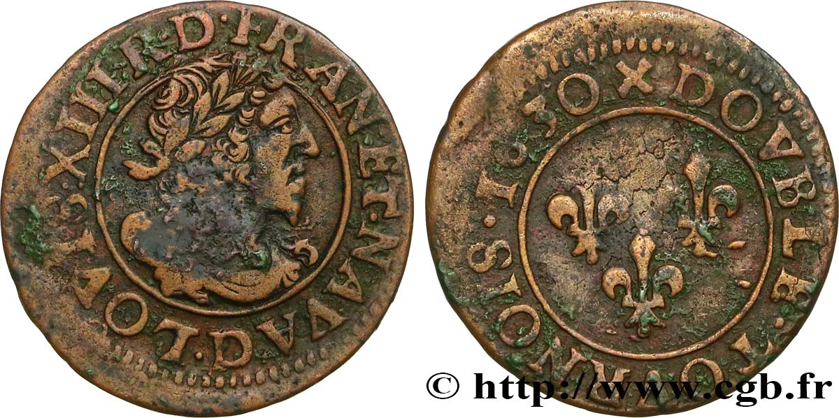 LOUIS XIII  Double tournois, type 7, buste viril barbu et drapé 1630 Lyon q.BB