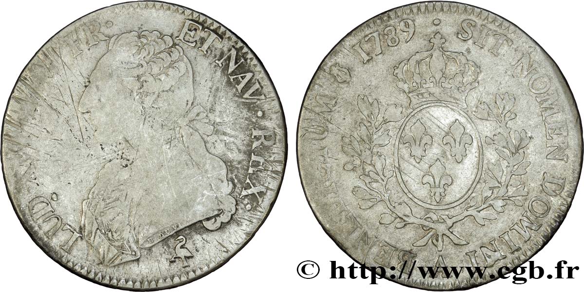 LOUIS XVI Écu aux branches d olivier 1789 Paris TB/TTB