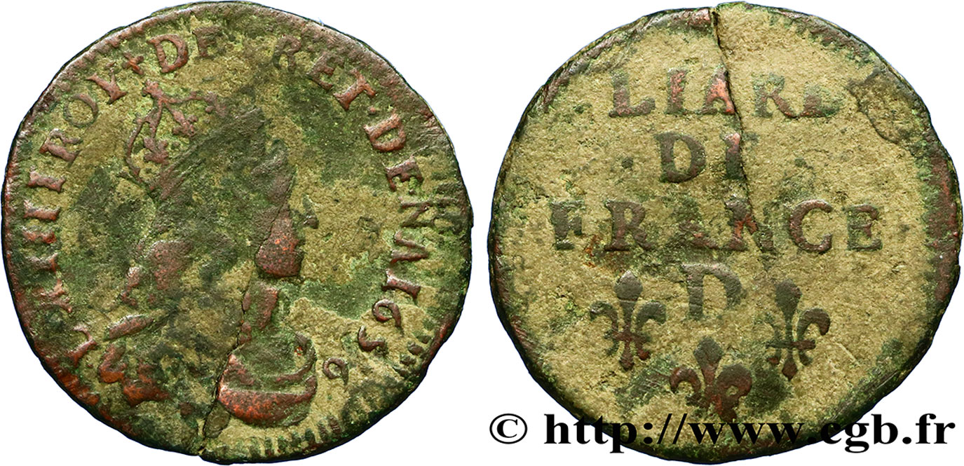 LOUIS XIV  THE SUN KING  Liard de cuivre, 2e type 1656 Vimy-en-Lyonnais (actuellement Neuville-sur-Saône) q.MB