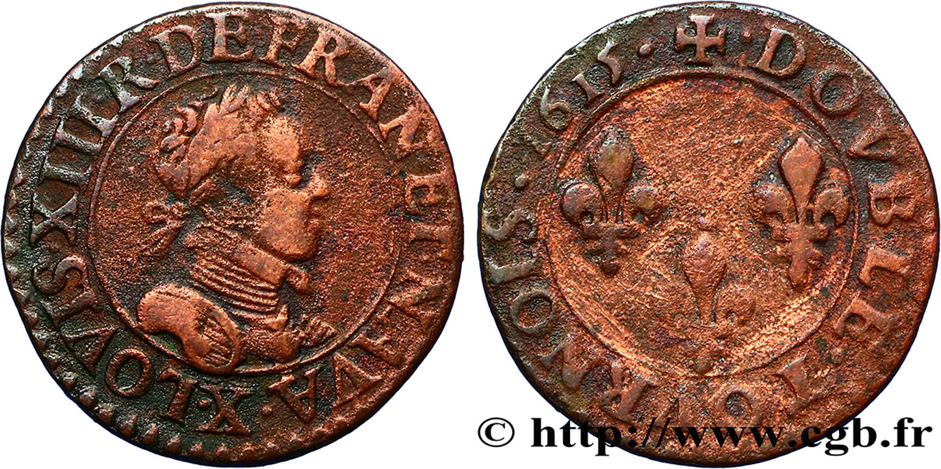 LOUIS XIII  Double tournois, type 2 1615 Amiens fSS