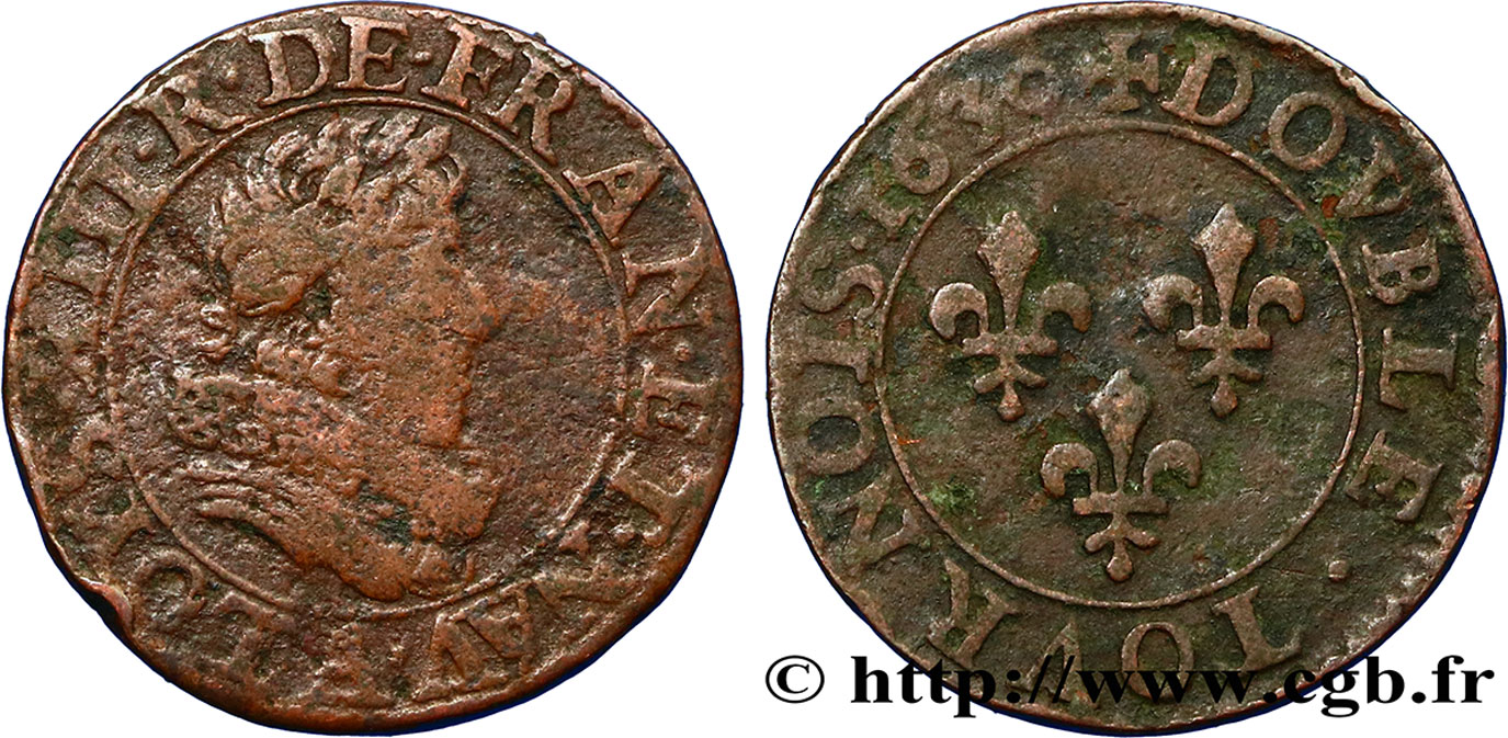 LOUIS XIII LE JUSTE Double tournois 1630 Paris TB/TB+
