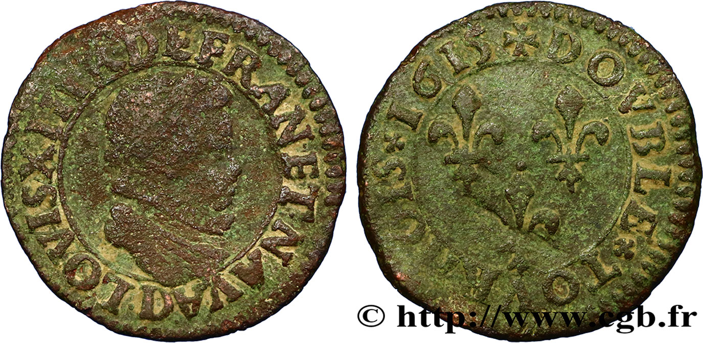 LOUIS XIII  Double tournois au petit buste enfantin col plat, de Lyon 1615 Lyon S