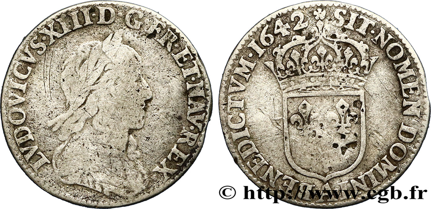 LOUIS XIII LE JUSTE Douzième d écu, buste drapé et cuirassé (2e buste de Jean Warin) 1642 Paris, Monnaie de Matignon B+/TB