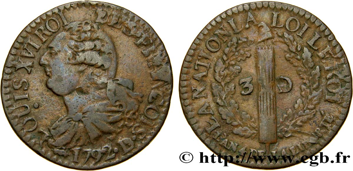 LOUIS XVI (MONARQUE CONSTITUTIONNEL)  3 deniers dit  au faisceau , type FRANCOIS 1792 Lyon TTB