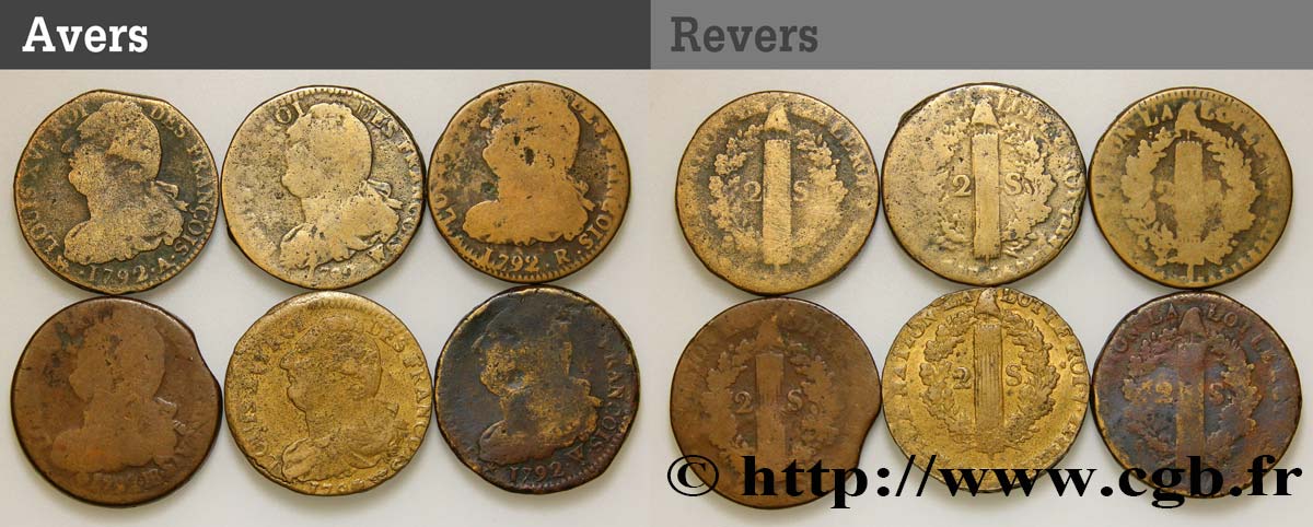 LA CONVENTION 2 sols dit  au faisceau , type FRANÇAIS et FRANÇOIS, lot de 6 ex. n.d. Ateliers divers B+
