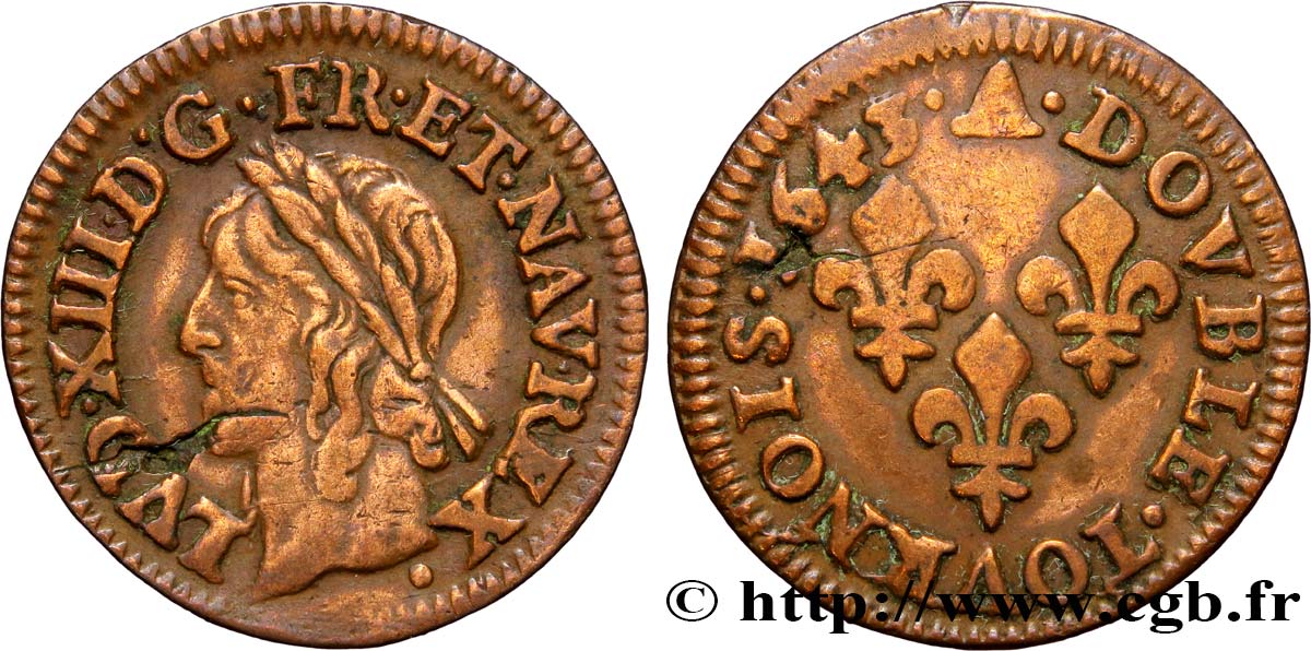 LOUIS XIII LE JUSTE Double tournois, type de Warin 1643 Corbeil TB+